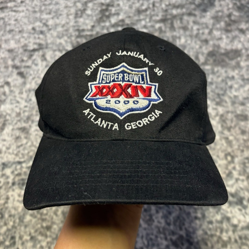 Vintage Super Bowl XXXIV Logo 7 Hat Snap Back Black Embroidered NFL Adjustable